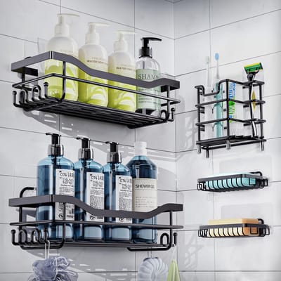 Famanu – Douchecaddy set van 5, boorvrij zelfklevend doucherek van RVS 304, badkamer organizer voor douche en keuken, zwart