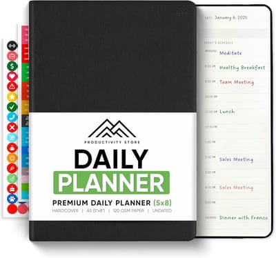 Dagelijkse Planner 2025 - Workflow Planner - Doelen Bereiken - Uurplanning & Takenlijst - A5 Formaat - Zwart