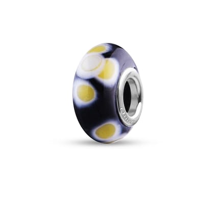 Quiges - Glazen - Kraal - Bedels - Beads Zwart met Geel Witte Bloemen Past op alle bekende merken armband NG492
