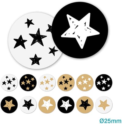 Sluitsticker – Sluitzegel – Ster Stars - Sterren - Sterretjes - 12 assorti - Bruin / Kraft - Wit - Zwart - Winter - Kerst | Envelop sticker - Kerstcadeau - Kerstpakket - Kerstkaart | Cadeau - Gift - Traktatie | Chique inpakken | DH collection