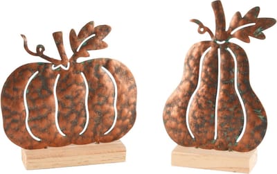 Dekoratief | Pompoen op voet, roest, metaal/hout, 10x4x16cm, set van 2 stuks | A245221