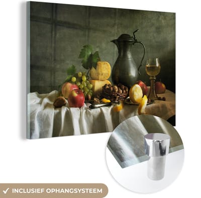 MuchoWow® Glasschilderij 150x100 cm - Schilderij acrylglas - Rustiek - Kaas - Theekan - Fruit - Stilleven - Foto op glas - Schilderijen