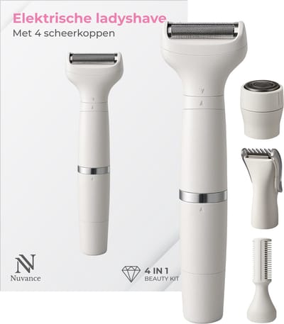 Nuvance - Ladyshave - Ladyshaves voor vrouwen - 4 Opzetstukken - met Wenkbrauw Trimmer - Bikinitrimmer - Scheerapparaat Vrouw - Lady Shave - Wit