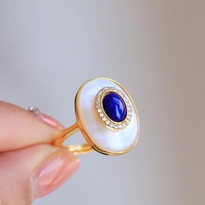 Vintage Lapis Lazuli Verlovingsring Verstelbaar Wit Fritillaria Ovaal Ringen Voor Vrouwen High-End Klassiek Licht Luxe Sieraden resizable gray