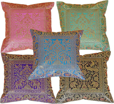 Set van 5 Indiase Patchwork Kussenslopen, Handgemaakt Banarsi Zijde, Boheemse Sierkussenhoes