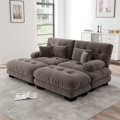 MODENUIT Hoekbank - Modulaire 2-Zits Met 2 Ottomanen - Voor Woonkamer - Chenille - Bruin Met Kussens En Lendenkussens