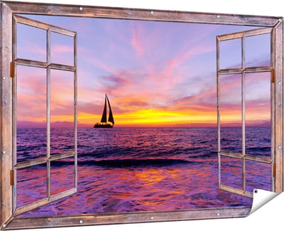 Gards Tuinposter Doorkijk Zeilboot Silhouet bij Zonsondergang - 180x120 cm - Tuindoek - Tuindecoratie - Wanddecoratie buiten - Tuinschilderij