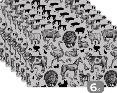 Placemat - Placemats kunststof - Patroon - Dieren - Zwart Wit - 45x30 cm - 6 stuks - Hittebestendig - Anti-Slip - Onderlegger - Afneembaar