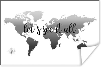 Poster 30x20 cm - Wereldkaart - Bruin - Kompas - Posters - Kamer decoratie - Wanddecoratie woonkamer - Muurdecoratie slaapkamer