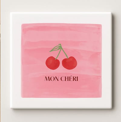 Mon Chéri Kersen Tegel – 15x15 cm Romantische Roze Keramische Wandtegel – Elegant Frans Ontwerp Cadeau voor Stellen & Huisdecoratie
