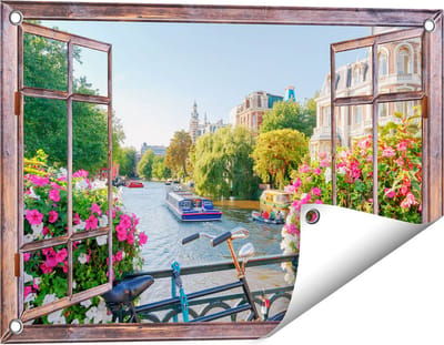Gards Tuinposter Doorkijk Amsterdamse Kanaal met Bloemen - 60x40 cm - Tuindoek - Tuindecoratie - Wanddecoratie buiten - Tuinschilderij