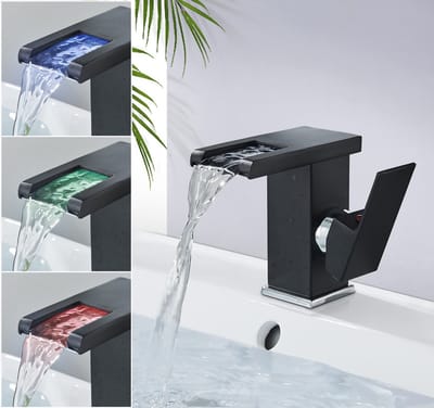LED waterval kraan lichtgevende kleur veranderende wastafel badkamer kast kraan, koper, drie verschillende kleuren, enkele handgreep (zwart)