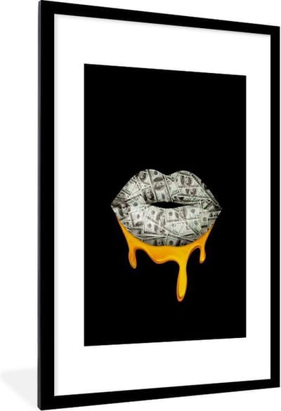 Fotolijst incl. Poster Zwart Wit- Lippen - Geld - Zwart Wit - 60x90 cm - Posterlijst