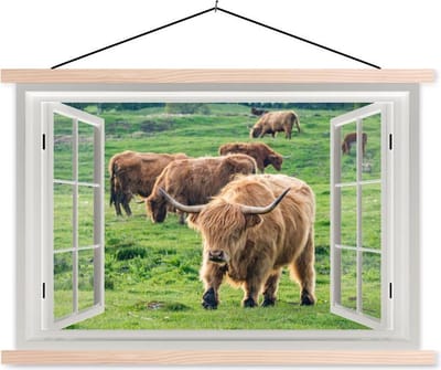 Posterhanger incl. Poster 150x100 cm - Schoolplaat - Doorkijk - Gras - Schotse Hooglander - Textielposter - Blanke latten