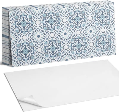 Coloray Plaktegels - Plantenpatroon in ornamenten Zelfklevende Wandtegels - 40 cm x 20 cm - Blauw Plaktegels - 10 stuks - Rechthoek PVC Tegels - Plaktegels Badkamer - Vloertegels Zelfklevend - Vinyl Tegels - Portugese Tegels