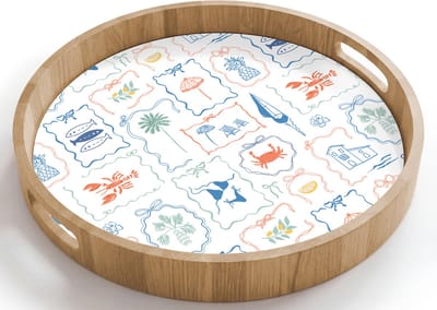 Dienblad rond 40x40 cm - Schootdienblad hout - Patroon - Zomer - Illustraties - Borrelplank rechthoek - Plateau houten dienbladen