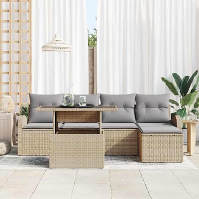 vidaXL Tuinbank Set met kussen met opslag 6 pcs Beige Poly rattan