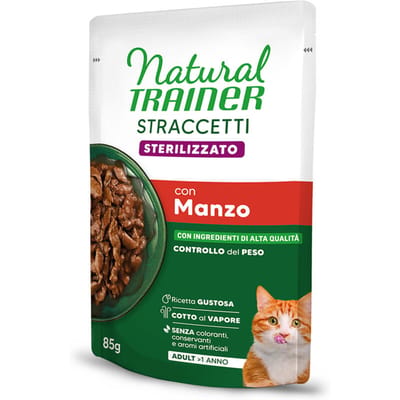 24x 85g Natural Trainer Stracceti Adult Gesteriliseerde reepjes in jus Rund nat kattenvoer