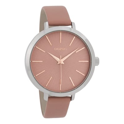 OOZOO Timepieces - Zilverkleurige horloge met warm roze leren band - C9672