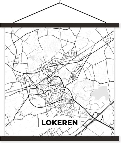 Posterhanger incl. Poster 60x60 cm - Schoolplaat - België – Lokeren – Stadskaart – Kaart – Zwart Wit – Plattegrond - Textielposter - Zwarte latten - Stadskaart