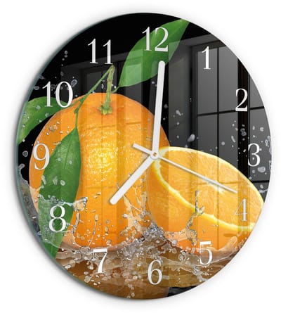 Tulup Wandklok - sinaasappels Glazen Wandklok Design - 30fi cm - Oranje Klok Glas Met Opdruk - Witte Handen - Ronde Wandklok - Glazen Wandklok Design - Klok Glas Met Opdruk