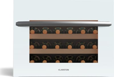 Klarstein Vinsider 24 Built-In Uno Inbouw-wijnkoelkast - 24 flessen, 1 zone, 5-20 °C, LED-verlichting, UV-bescherming, Houten legborden, Stil, Energiezuinig, Wit, Glazen deur