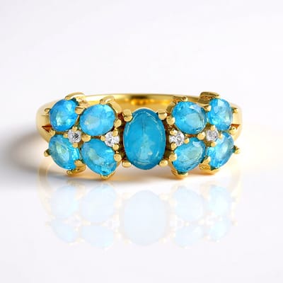Cavill - Vergulde 925 Sterling Zilveren Ring - Neon Blauwe Ovale Apatiet 1,5 ct - Zirkonia Accenten - Elegante Braziliaanse Edelsteenring