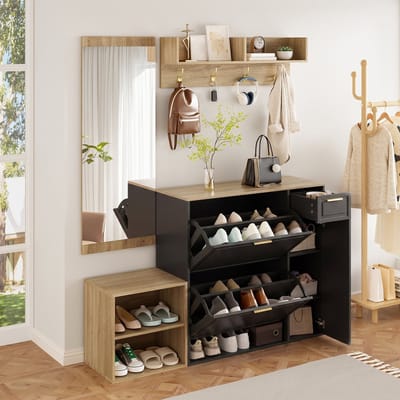 MODFU - 4-Delige Garderobeset - Schoenenkast, Zitbank En Wandgarderobe - Modern - Voor Hal - Spaanplaat - Naturel En Zwart - 139,5 x 35 x 166 cm