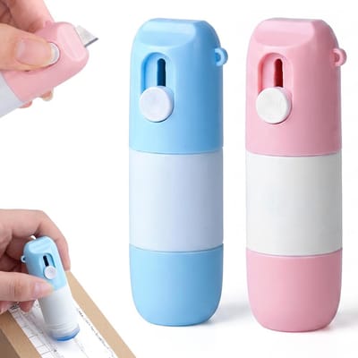 2-in-1 Pakketsnijder en Thermisch papier wisser - 2 Stuks - Stanleymes Pakket opener - Mini werkmesje - Wispennen met mes - Kantoor accessoire - Voor het wissen van gegevens en openen van pakketten - Bescherm je privacy - Blauw + Roze