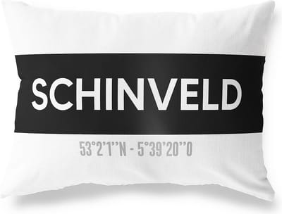 Tuinkussen SCHINVELD - LIMBURG met coördinaten - Buitenkussen - Bootkussen - Weerbestendig - Jouw Plaats - Studio216 - Modern - Zwart-Wit - 50x30cm