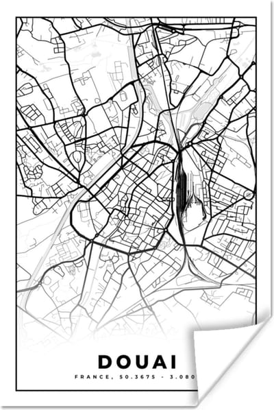 Poster Kaart - Plattegrond - Frankrijk - Stadskaart - Douai - Zwart wit - 120x180 cm XXL