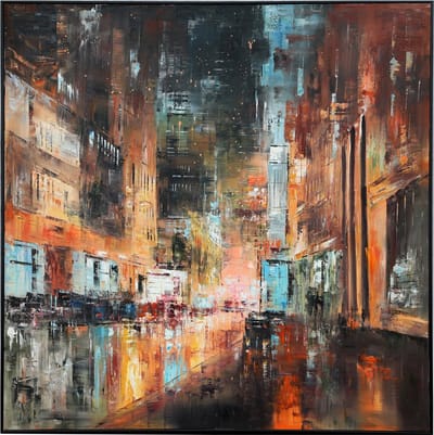 Fine Asianliving Olieverf Schilderij 100% Handgeschilderd 3D met Reliëf Effect en Zwarte Omlijsting 120x120cm Stad Oranje
