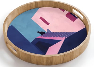 Dienblad rond 40x40 cm - Schootdienblad hout - Kat - Trap - Gebouwen - Schaduwcontrasten - Borrelplank rechthoek - Plateau houten dienbladen