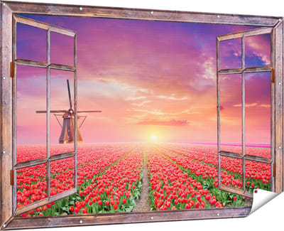 Gards Tuinposter Doorkijk Rode Rozen Bloemenveld met een Windmolen - 180x120 cm - Tuindoek - Tuindecoratie - Wanddecoratie buiten - Tuinschilderij