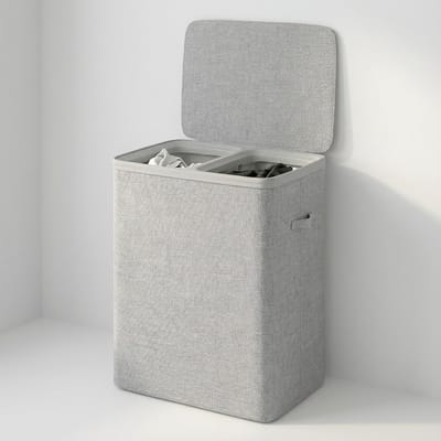 MAZAZU Wasmand met 2 Vakken - 100 Liter - Wassorteerder met Deksel - Uitneembare Waszakken - Lichtgrijs - Opvouwbare Wasbox voor Badkamer & Slaapkamer - 56×40×67 cm