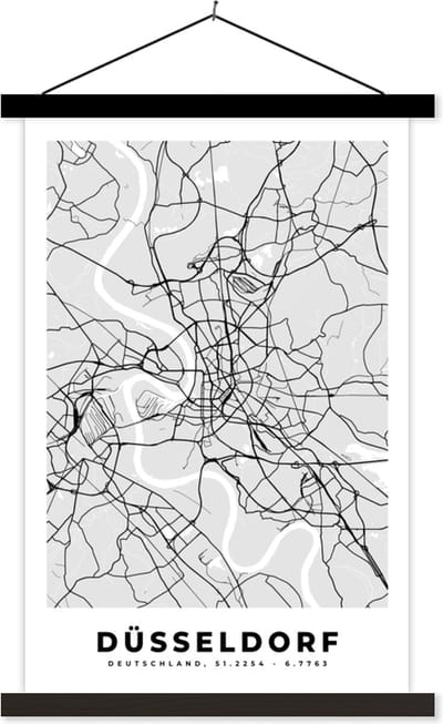 Posterhanger incl. Poster 40x60 cm - Schoolplaat - Duitsland - Stadskaart - Plattegrond - Düsseldorf - Kaart - Textielposter - Zwarte latten - Stadskaart