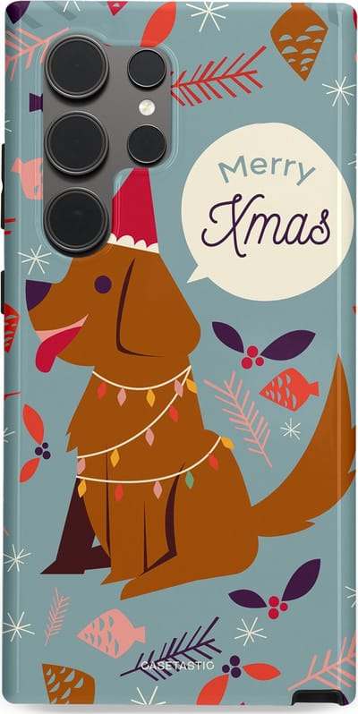 Casetastic hoesje geschikt voor Samsung Galaxy S24 Ultra - Dubbellaagse bescherming - Merry Christmas Hond - Fashion Case - Zilver Bruin Saliegroen Rood