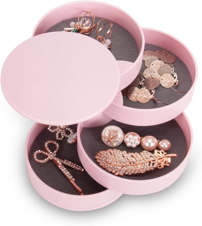 Rotatable 4-laags Sieradenbox met Deksel, Organiser voor Oorbellen, Ringen en Kettingen, Reis Sieradenbox (10 x 10cm), Perfect Cadeau voor Vrouwen