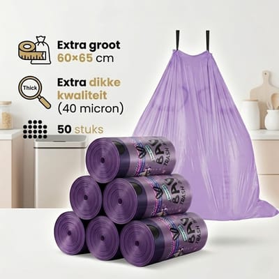 Paarse Vuilniszakken met Trekkoord - 45 Liter 50 Stuks - 65 x 60 cm - Extra Dikke Sterk HDPE Afvalzakken - Scheurvast & Lekvrij - Luxe Design - Voor Keuken & Kantoor - Ondoorzichtig & Discreet - Ideaal voor Restafval en Plastic