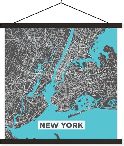 Posterhanger incl. Poster 60x60 cm - Schoolplaat - Stadskaart - Blauw - New York - Plattegrond - Kaart - Textielposter - Zwarte latten - Stadskaart