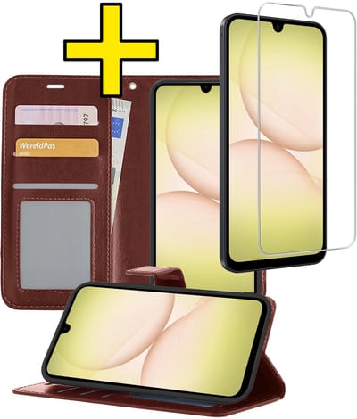 Hoesje - Met Screenprotector - Geschikt voor Samsung Galaxy A17 - Luxe Pasjeshouder - Bookcase Portemonee - Flip Case - Kunstleer Book Case - Flipcase - Book Cover - Walletcase - Portemonneehoes - Telefoonhoesjes - Bruin