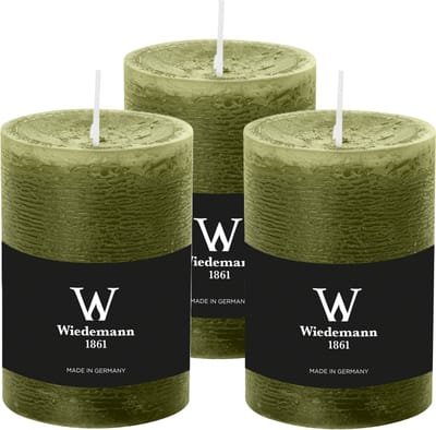 Wiedemann Cilinderkaars/stompkaars - 3x - rustieke kaars - olijfgroen - 7 x 10 cm - 43 branduren