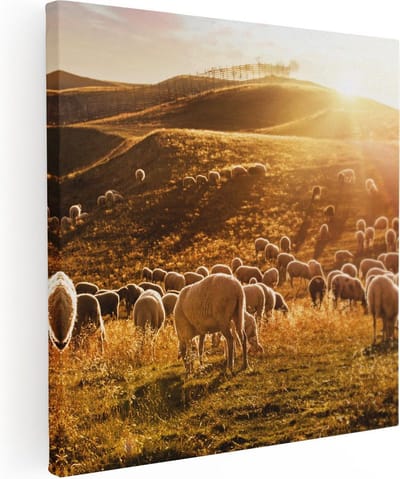 Artaza Canvas Schilderij Kudde Schapen - 30x30 cm - Klein - Wanddecoratie Dieren - Muurdecoratie Zonsondergang - Schilderijen Op Canvas