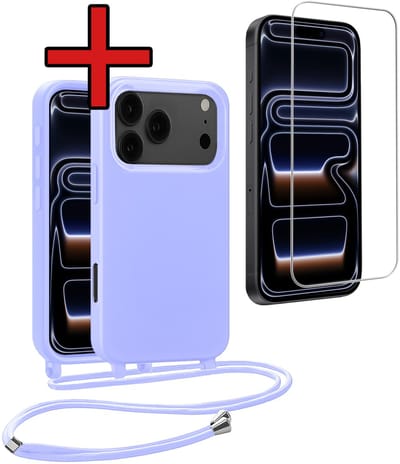 Hoesje Geschikt voor iPhone 17 Pro / 18 Pro Hoesje Siliconen Case Met Koord Met Screenprotector - Hoes Geschikt voor iPhone 17 Pro / 18 Pro Hoesje Backcover Met Telefoonkoord - Lila