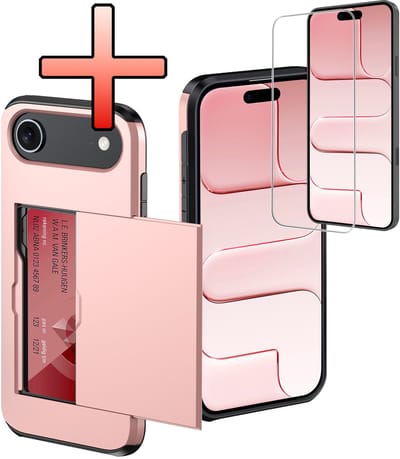 Hoes Geschikt voor iPhone Air Hoesje Pasjeshouder Hard Cover Met Screenprotector Shock Proof Hard Case Hoes Met Kaarthouder - Rosé goud