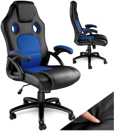 tectake® Racing bureaustoel - Gamingstoel met schommelfunctie - Ergonomische directiestoel - In hoogte verstelbare, draaibare stoel met wielen - PC-Stoel - Gamestoel - Maximale belasting 120 KG - Afmeting (LxBxH) 65x66x111,5 cm-121,5 cm - Zwart/blauw