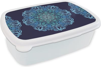 Broodtrommel Wit - Lunchbox - Brooddoos - Mandala - Blauw - Patronen - 18x12x6 cm - Volwassenen