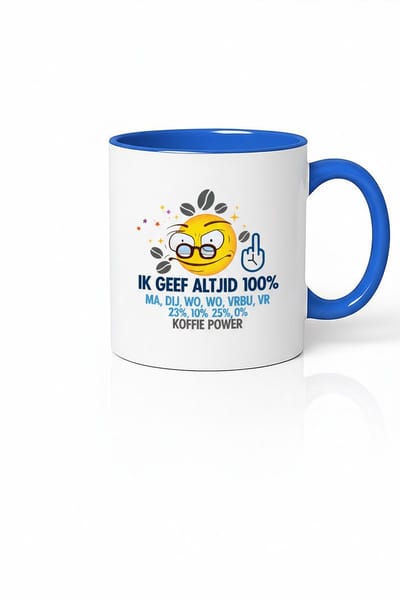 “Ik Geef Altijd 100% Bij Werk” 330ml Wit met Blauwe Koffiemok – Grappige Werk Humor Mok – Coffee Power Cadeau voor Collega’s