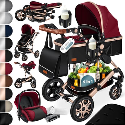 KESSER® Kinderwagen 3 in 1 Loops Wandelwagen Set incl. Autostoel & Reiswieg & Buggy Sportzitje - Massieve Rubberbanden - Luiertas / Regenhoes - Rood / Champagne
