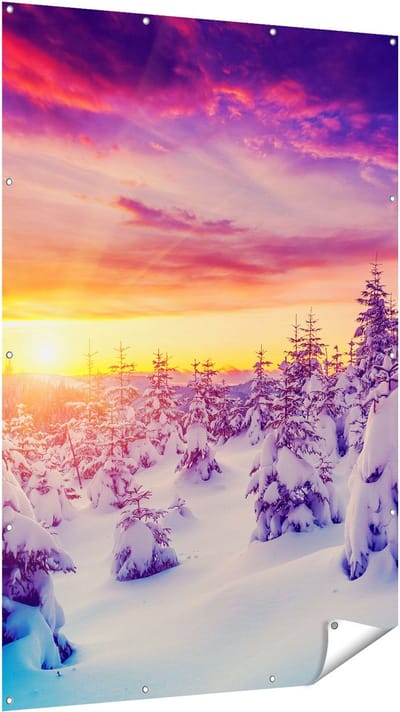 Gards Tuinposter Zonsondergang in het Sneeuw Bos - 120x180 cm - Tuindoek - Tuindecoratie - Wanddecoratie buiten - Tuinschilderij